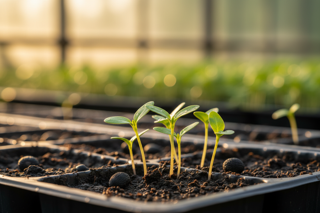Vinca seedlings germinating in seed starting tray