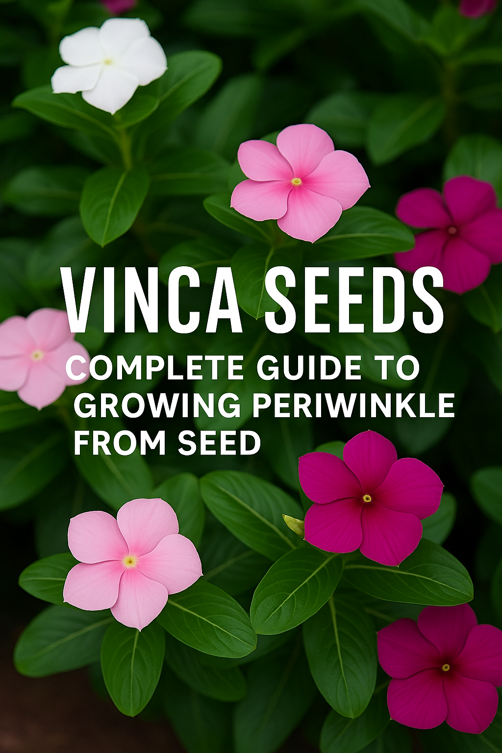 “Colorful vinca (periwinkle) flowers in pink, white, and purple blooms grown from seed, showcasing top summer garden varieties known for heat and drought tolerance