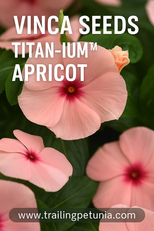 "Close-up of Titan-ium™ Apricot Vinca flowers with soft apricot-orange petals and glossy green foliage."