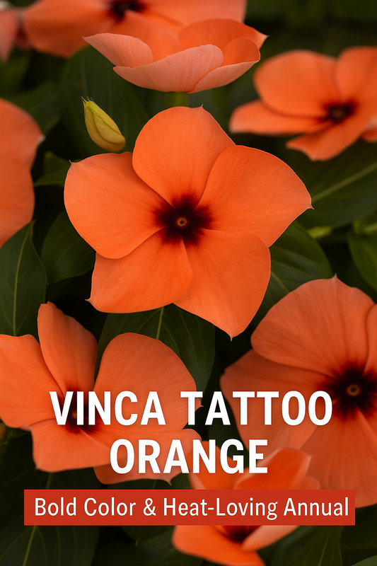 Close-up of Vinca Tattoo Orange flowers in full bloom, showcasing their bold orange petals with deep centers, perfect for heat-tolerant summer gardens