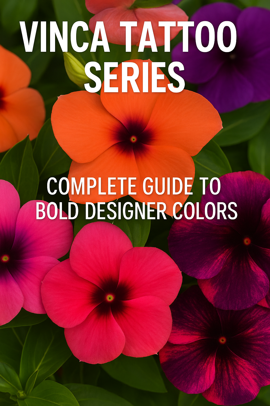 Vinca Tattoo Series flowers in bright designer shades of orange, raspberry, purple, and black cherry, arranged together for a bold garden display