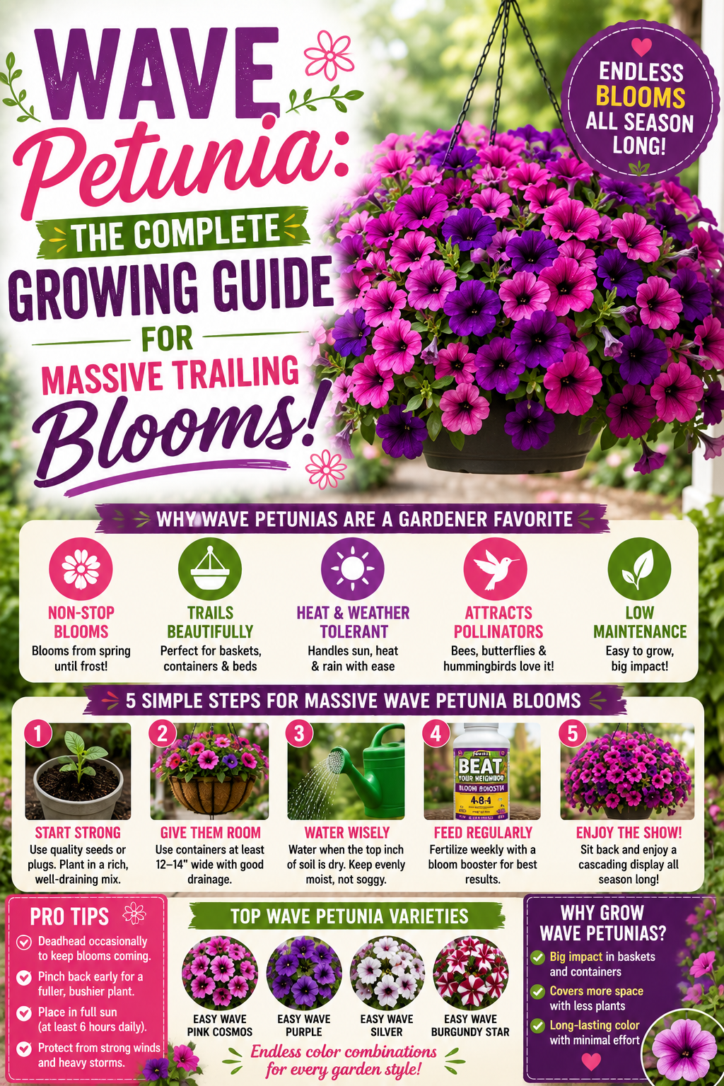 Wave Petunia growing guide featuring colorful trailing petunias in a hanging basket with tips for growing massive cascading blooms in containers, baskets, and garden beds.