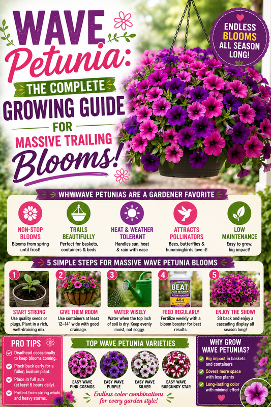 Wave Petunia growing guide featuring colorful trailing petunias in a hanging basket with tips for growing massive cascading blooms in containers, baskets, and garden beds.
