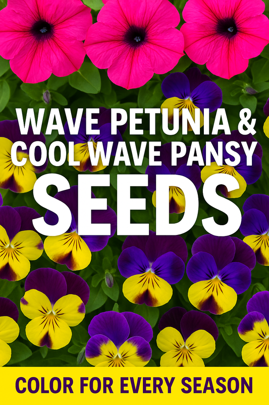 Wave Petunia and Cool Wave Pansy flowers in full bloom, showcasing top flower seeds for year-round color