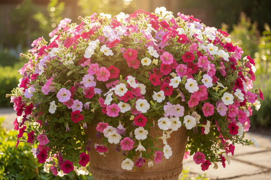 Mature wave petunia plant cascading with pink purple and white blooms in a large container