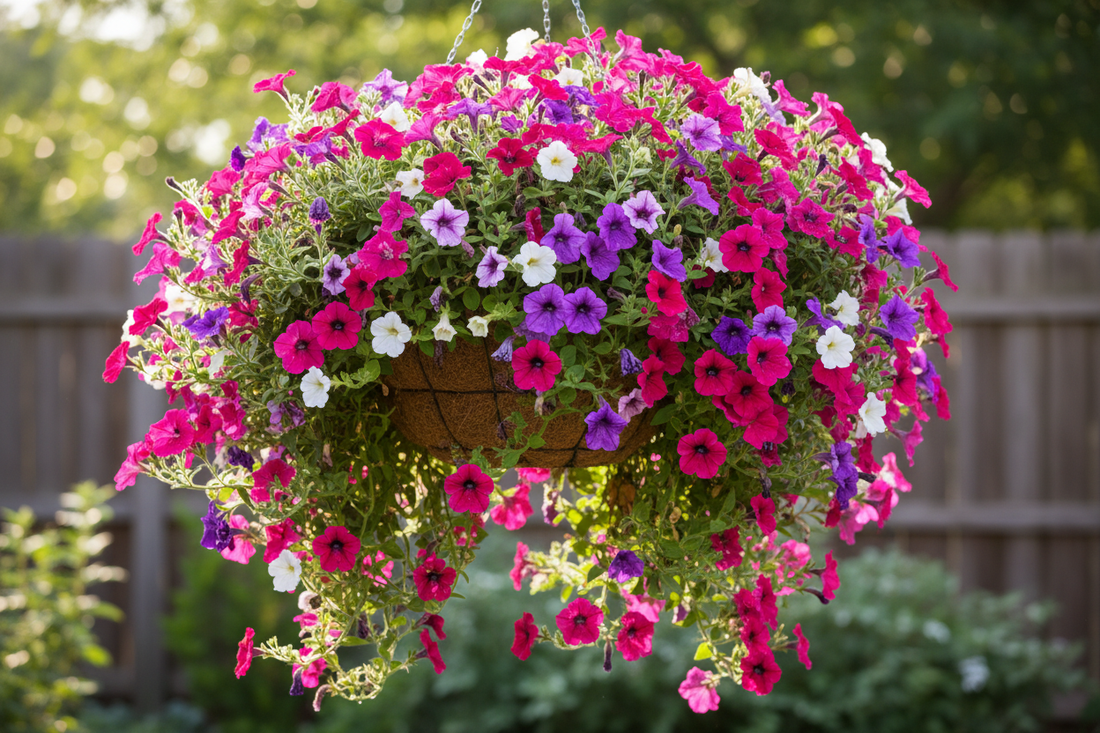 Wave petunia hanging basket in full bloom with cascading pink and purple flowers
