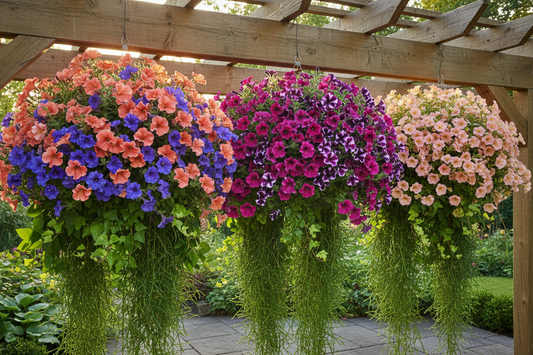 Colorful wave petunia hanging baskets in coral, blue, purple, pink and peach overflowing with blooms on a rustic pergola