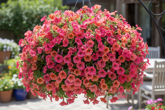 Wave petunia hanging basket with cascading pink and coral trailing blooms