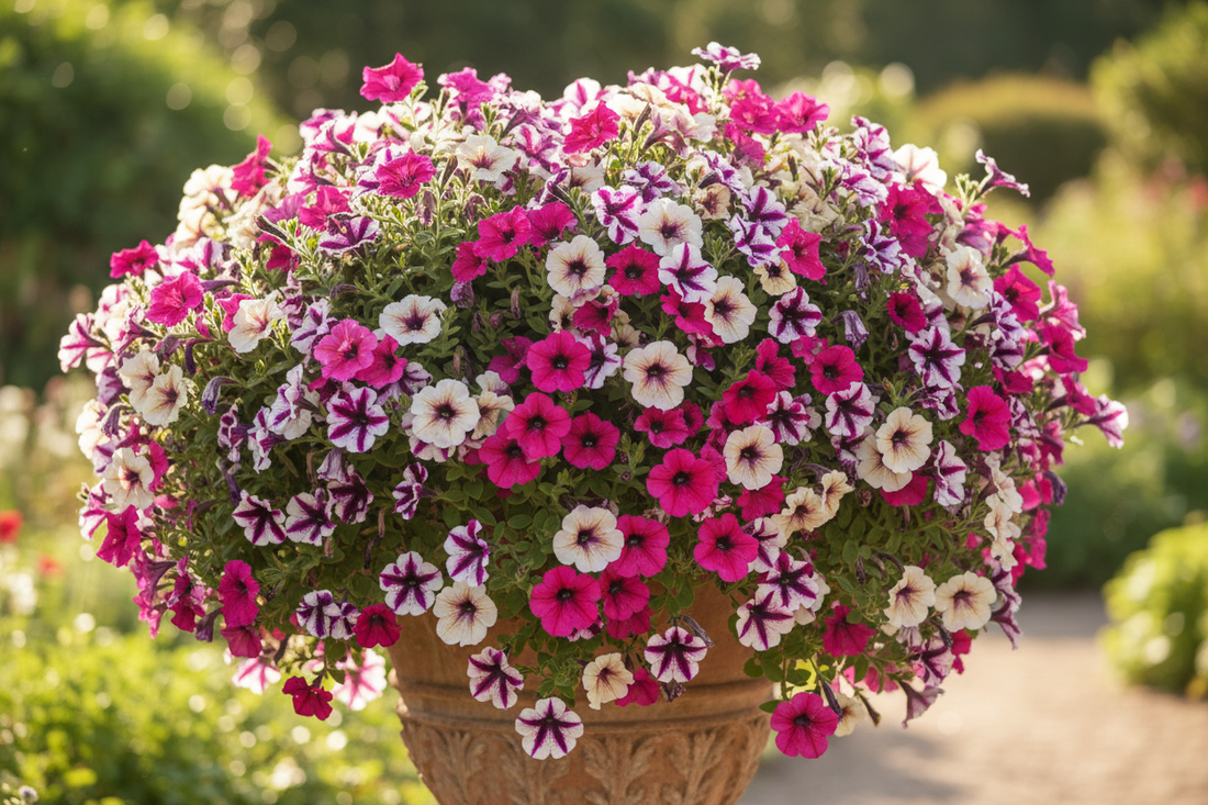Lush wave petunia container overflowing with pink purple and white blooms in full sun