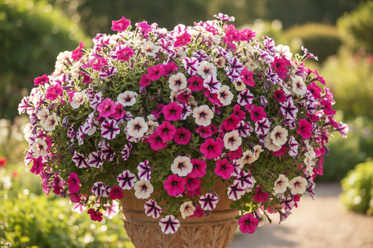 Lush wave petunia container overflowing with pink purple and white blooms in full sun