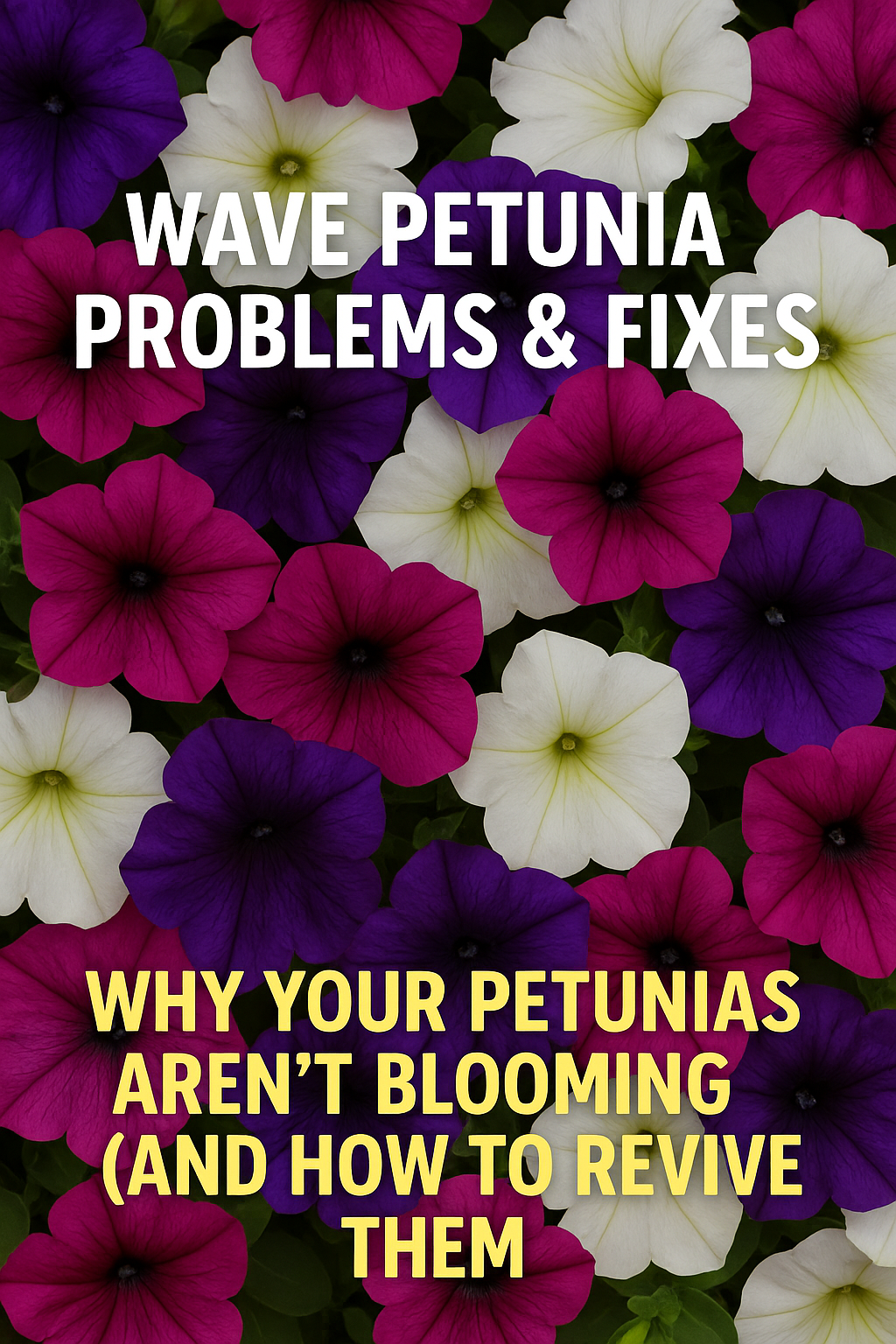 Healthy and struggling Wave Petunias side by side — showing how to identify and fix common issues like yellow leaves, no blooms, and leggy growth in Easy Wave and Tidal Wave Petunias.