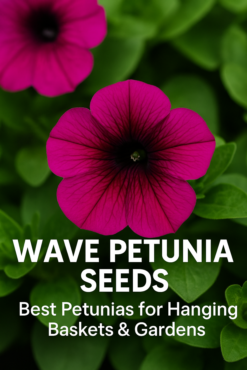 Wave Petunia flowers in full bloom with the blog title overlay about the best Wave Petunias for hanging baskets and containers.