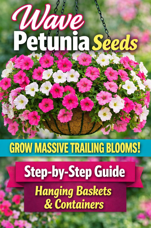 Wave petunia seeds growing in a full hanging basket with bright trailing blooms