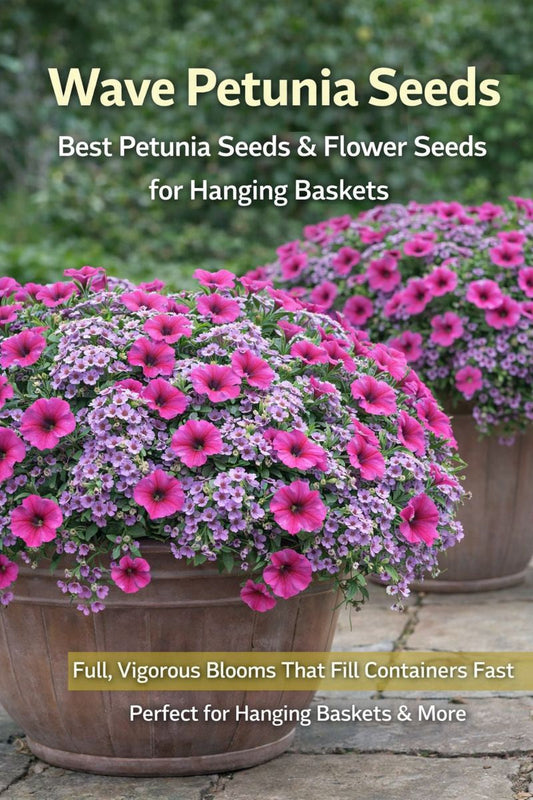 Wave petunia seeds growing in overflowing planters creating full hanging basket style flower displays