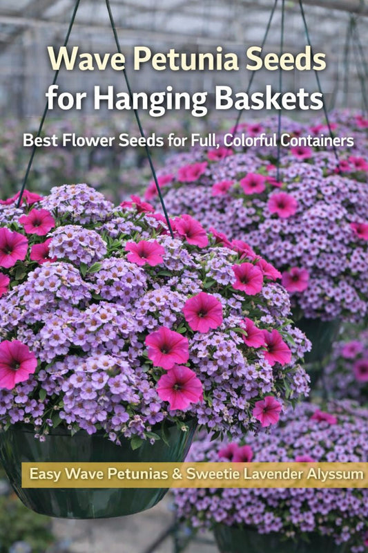 Wave petunia seeds growing in hanging baskets with alyssum filler creating full, colorful flower containers
