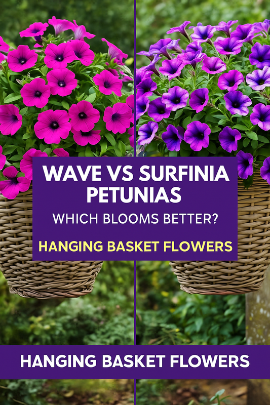 Wave Petunias grown from seed beside Surfinia Petunias from cuttings showing the difference in bloom and growth habit.