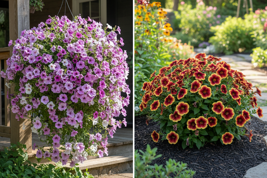 Wave petunia trailing in hanging basket compared to regular upright petunia in garden bed