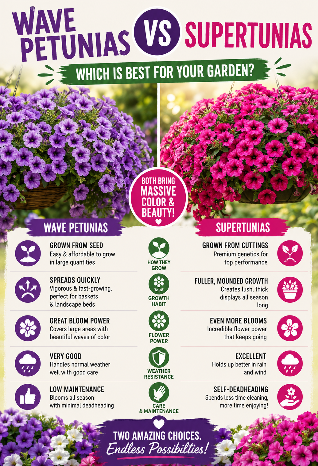 Comparison of Wave Petunias and Supertunias growing in hanging baskets and containers, showing differences in spreading habit, flower coverage, and weather resistance.