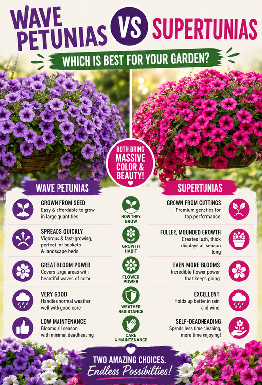 Comparison of Wave Petunias and Supertunias growing in hanging baskets and containers, showing differences in spreading habit, flower coverage, and weather resistance.
