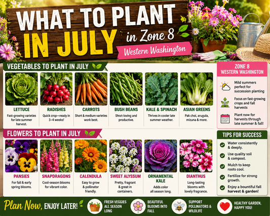 Vegetables and flowers to plant in July in Zone 8 Western Washington, featuring cool-season crops, fall garden planting ideas, and colorful summer flowers.