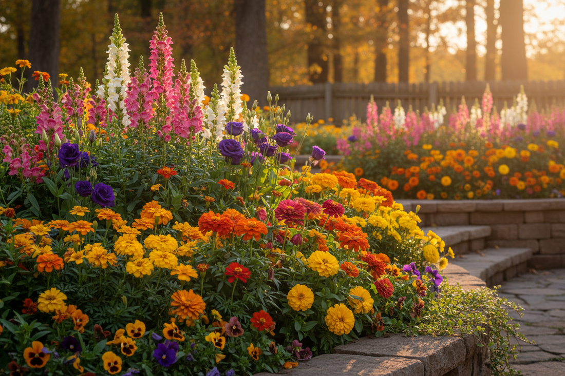 Colorful fall flower garden with snapdragons, marigolds, lisianthus, zinnias, and violas in full bloom — what to plant in September by zone