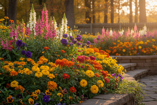 Colorful fall flower garden with snapdragons, marigolds, lisianthus, zinnias, and violas in full bloom — what to plant in September by zone