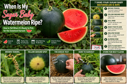 Ripe Sugar Baby watermelon growing on the vine with a creamy yellow ground spot