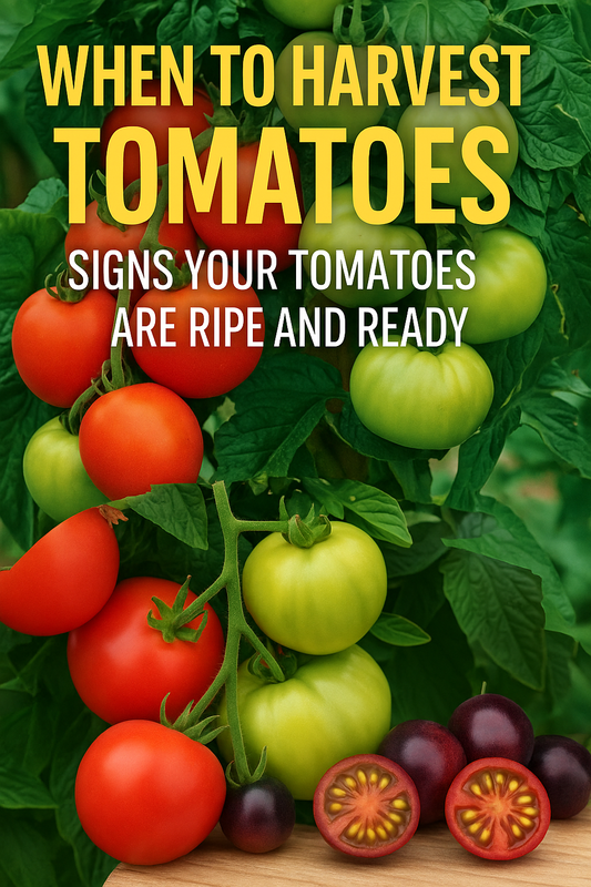 Cluster of red, green, and dark cherry tomatoes showing stages of ripeness on the vine, illustrating when to harvest tomatoes at peak flavor
