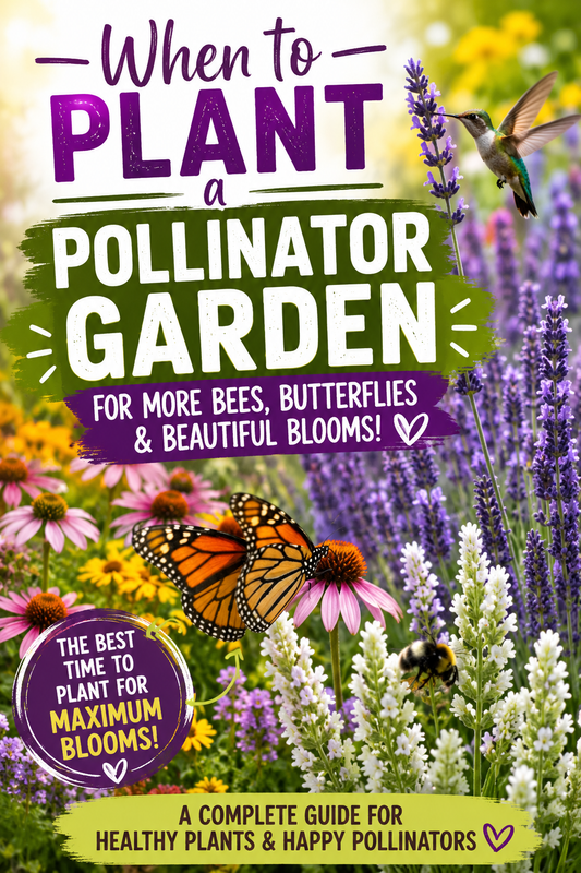 Colorful pollinator garden filled with lavender, coneflowers, butterflies, bees, and hummingbirds, showing the best time to plant a pollinator garden for season-long blooms and beneficial insect activity.