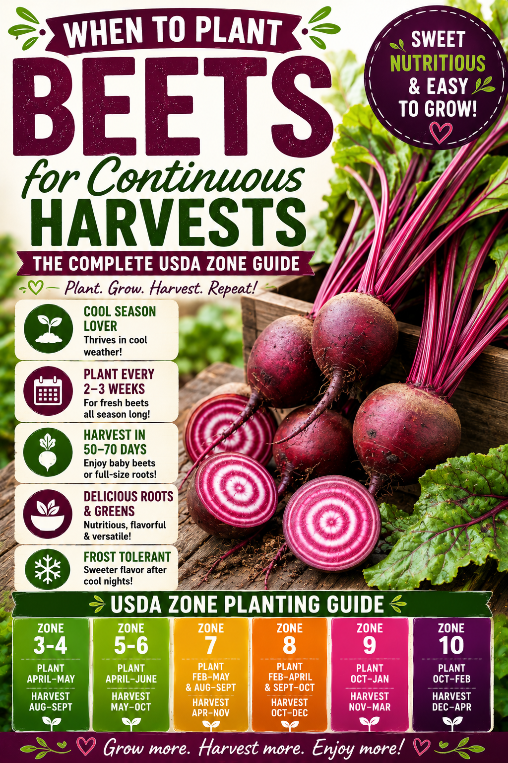 Fresh beets growing in the garden with a USDA zone planting guide showing the best time to plant beets for continuous harvests throughout the growing season.