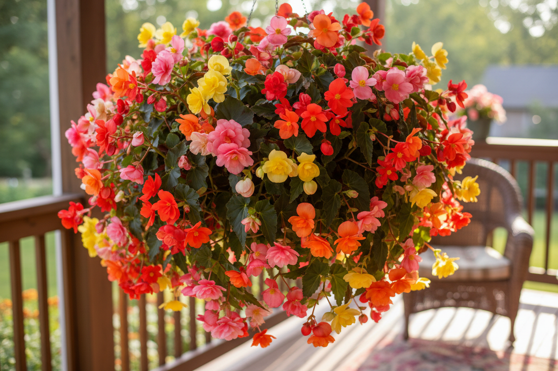 Colorful begonias in full bloom in a hanging basket — red, pink, orange and yellow flowers in morning light