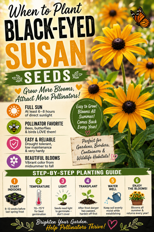 Bright Black-Eyed Susan flowers with a planting guide showing when to plant Rudbeckia seeds for healthy plants, colorful blooms, and thriving pollinator gardens.