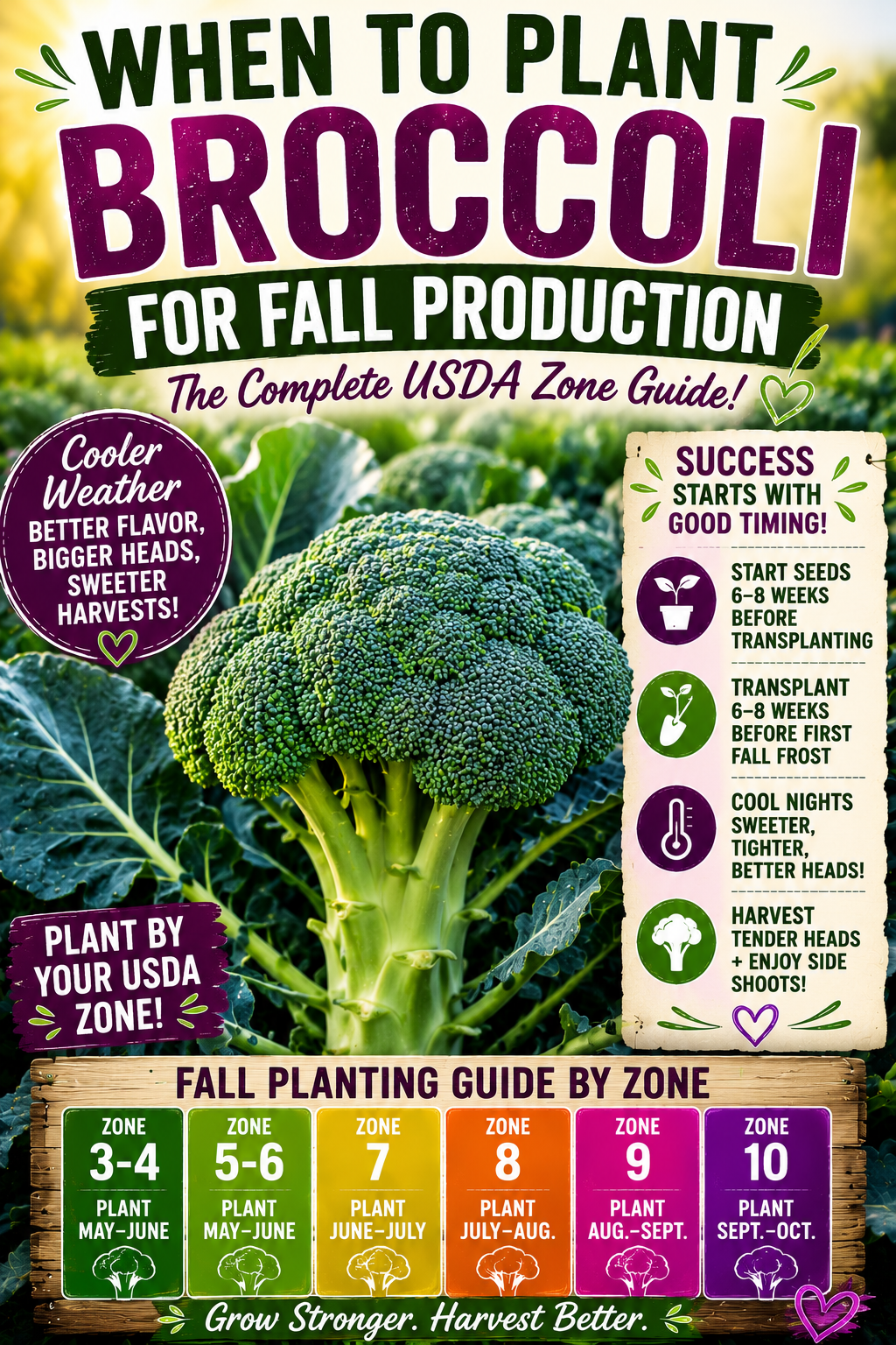 Large healthy broccoli growing in a garden with a USDA zone planting guide for fall production, showing the best time to start broccoli seeds and transplant for a successful autumn harvest.
