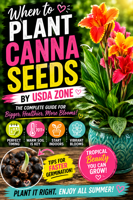 Colorful infographic showing when to plant canna seeds by USDA zone with tropical canna flowers, planting timeline, germination tips, and seasonal growing guide for healthy summer blooms.