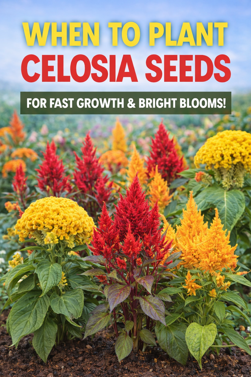 When to plant celosia seeds showing bright red and yellow celosia flowers in a garden, best timing for fast growth and vibrant blooms