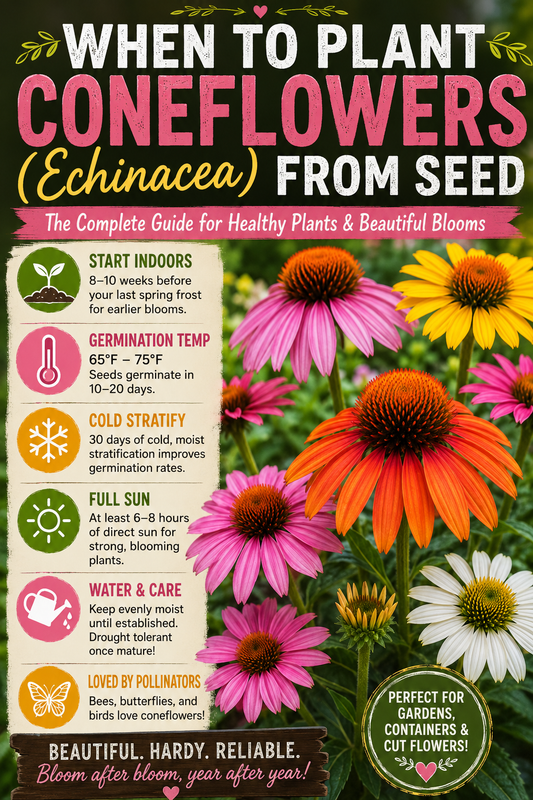 Colorful coneflowers (Echinacea) with a planting guide showing when to plant Echinacea seeds for healthy plants and long-lasting blooms.