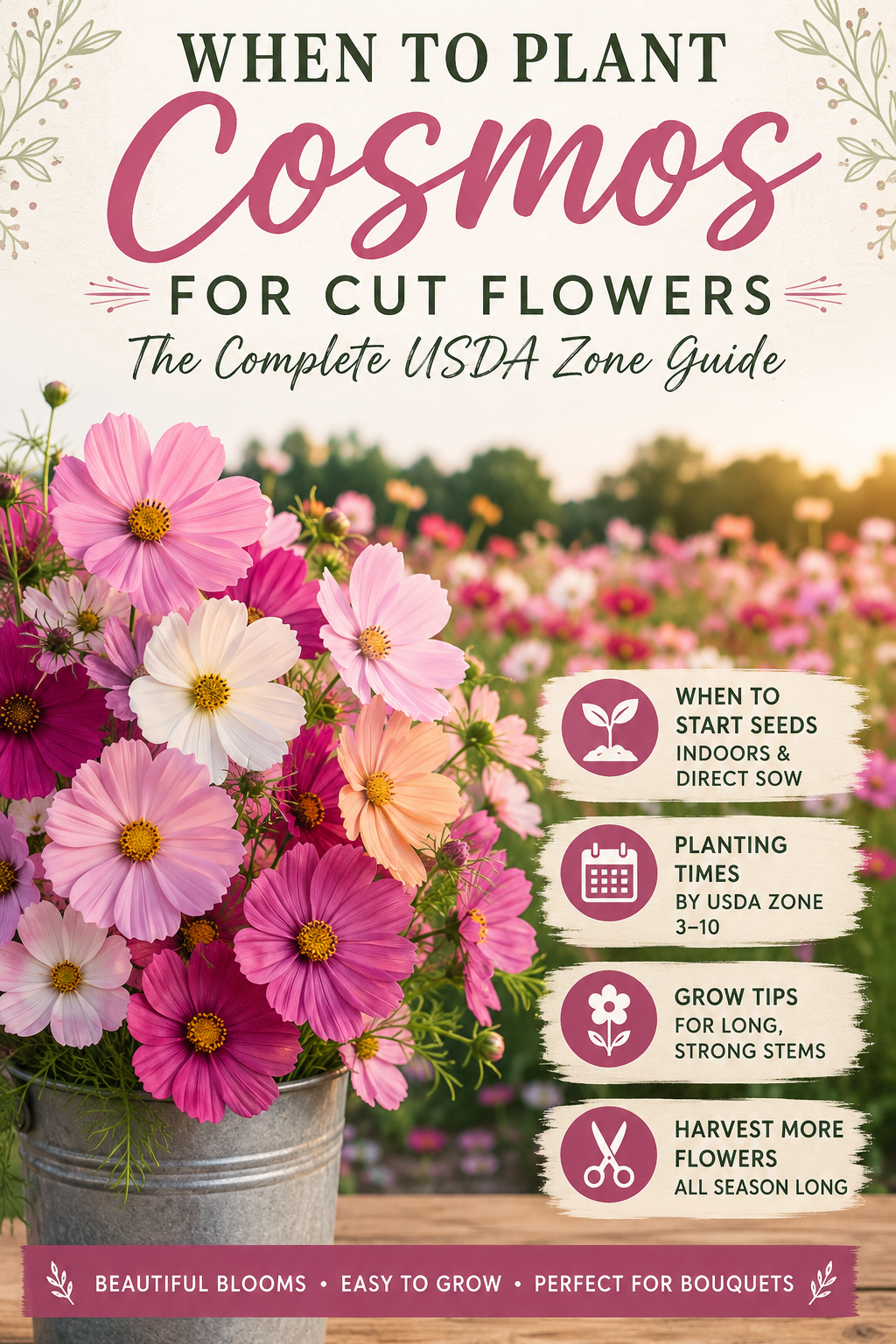 Colorful cosmos flowers with a USDA zone planting guide showing the best time to plant cosmos for beautiful cut flowers and season-long blooms.
