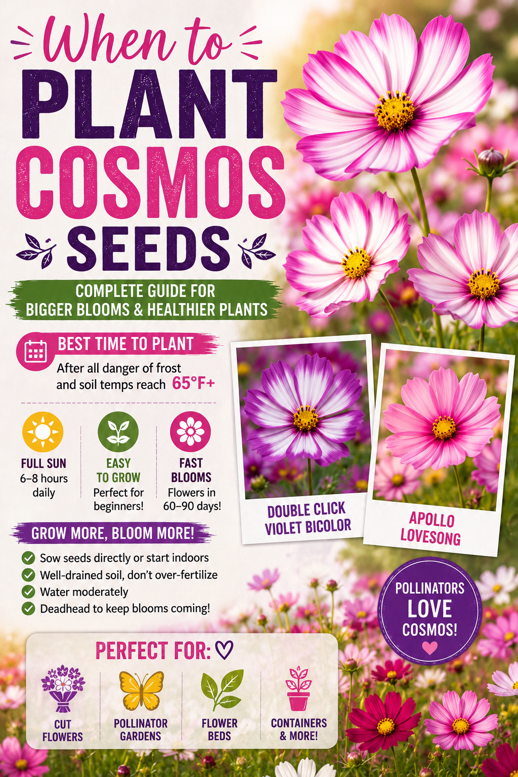 Beautiful pink, white, and violet cosmos flowers blooming in a sunny garden, showing the best time to plant cosmos seeds for bigger blooms, healthier plants, pollinator gardens, and cut flower production.