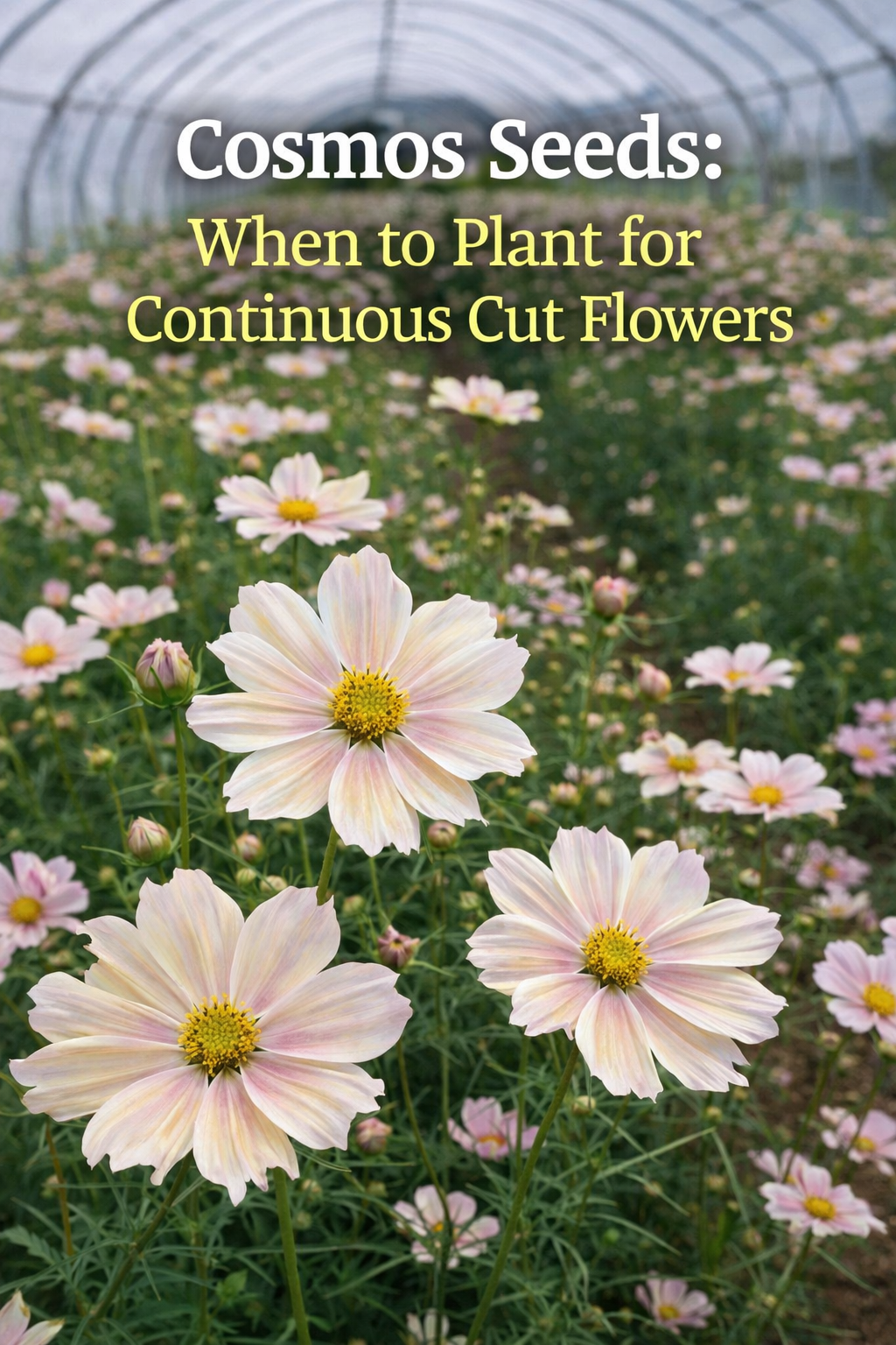 Apricot and pink cosmos flowers growing in rows inside a greenhouse for cut flower production
