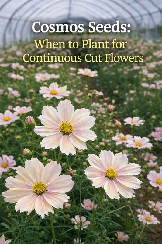 Apricot and pink cosmos flowers growing in rows inside a greenhouse for cut flower production