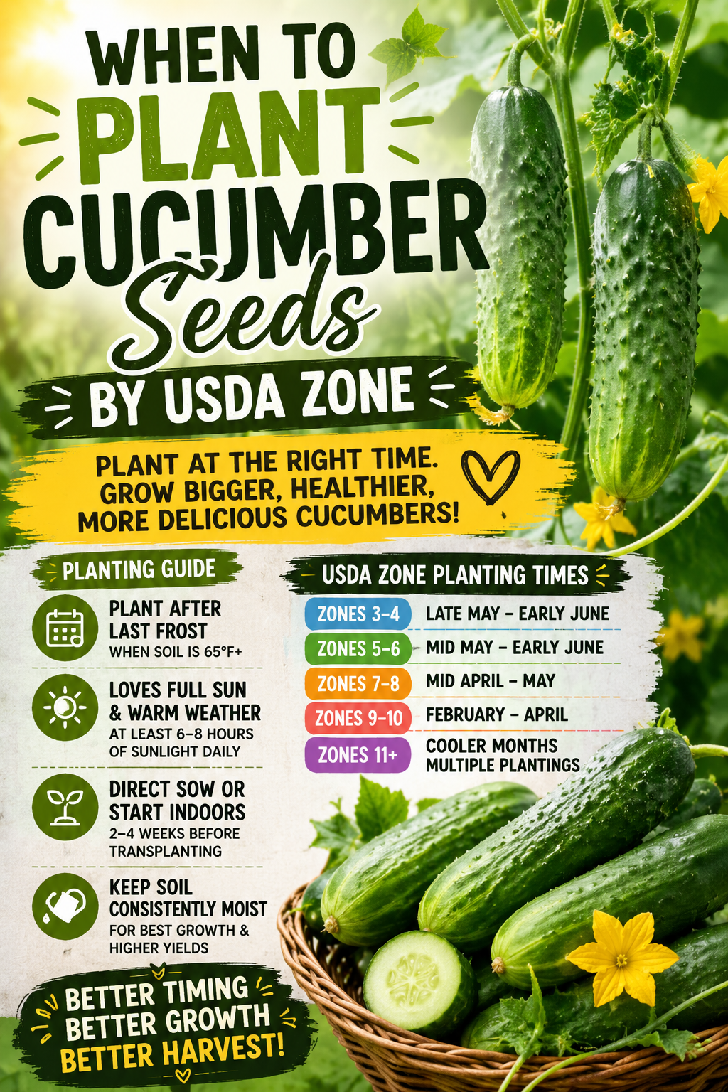 Fresh cucumbers growing on healthy vines with USDA planting zone information, illustrating the best time to plant cucumber seeds by USDA Zone for stronger plants and larger harvests.
