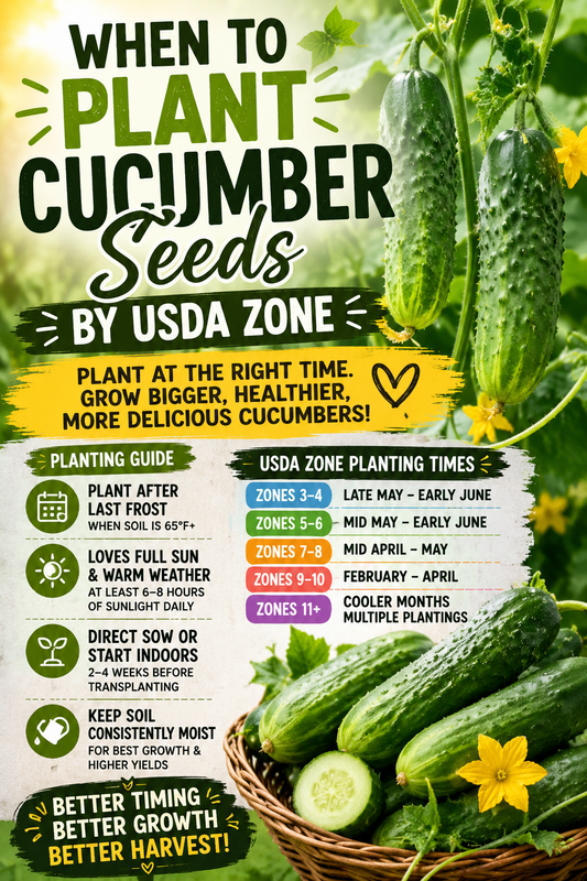 Fresh cucumbers growing on healthy vines with USDA planting zone information, illustrating the best time to plant cucumber seeds by USDA Zone for stronger plants and larger harvests.