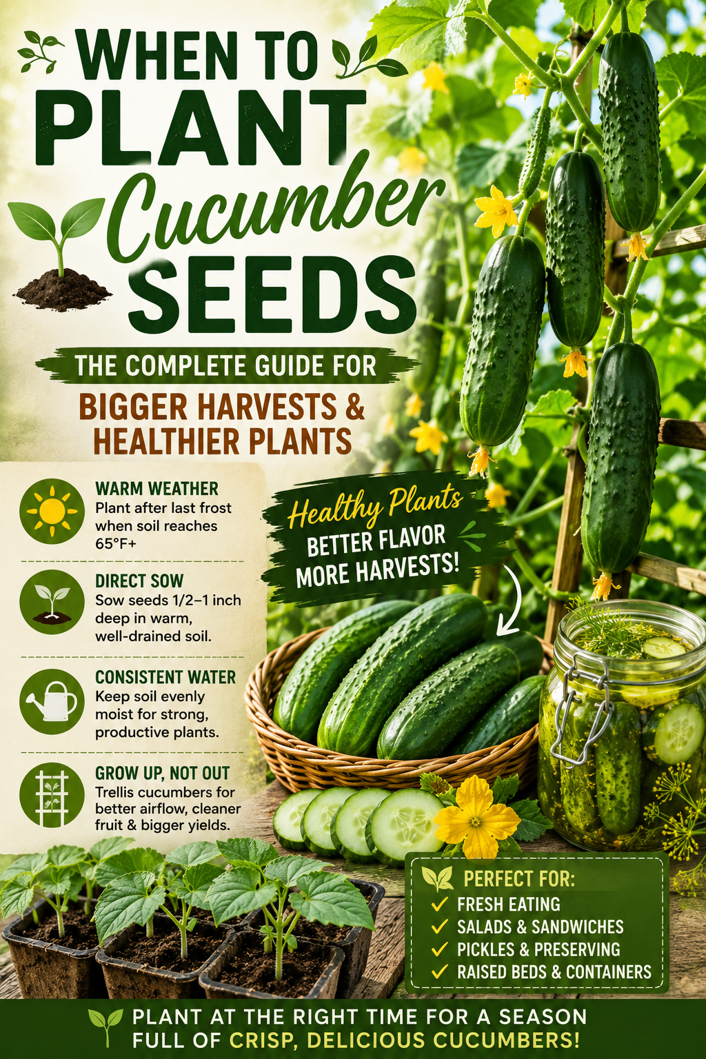 Healthy cucumber vines loaded with fresh cucumbers growing on a trellis alongside young cucumber seedlings, showing the best time to plant cucumber seeds for larger harvests and healthier plants.