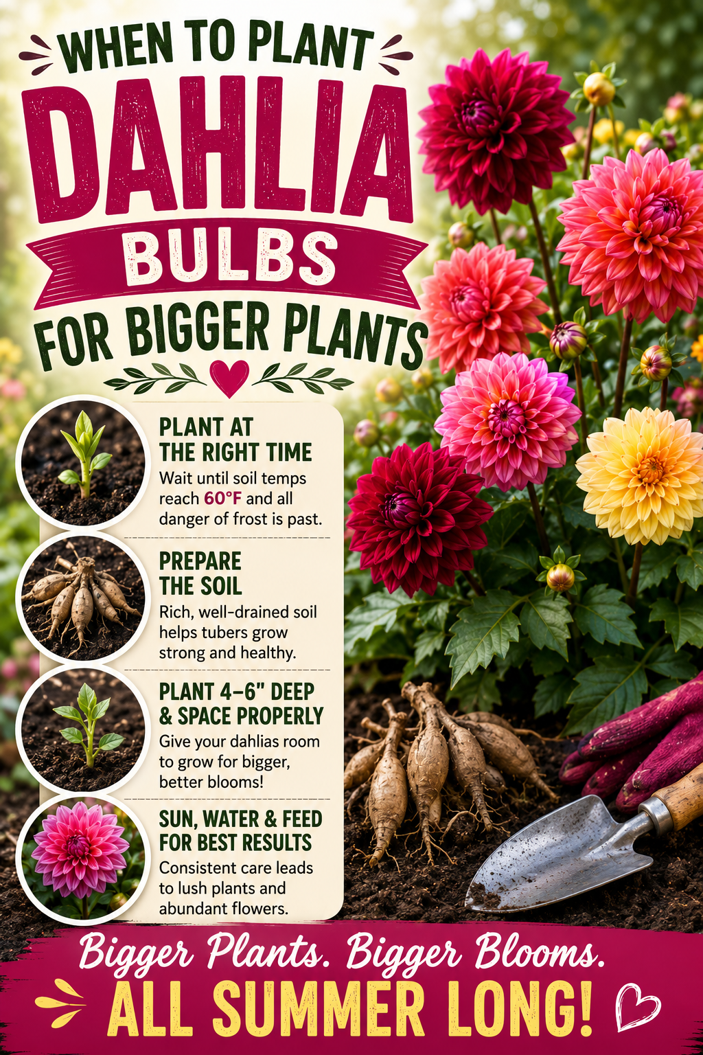 Colorful dahlias blooming in a sunny garden with newly planted dahlia tubers, showing the best time to plant dahlia bulbs for stronger plants, healthier growth, and larger summer blooms.