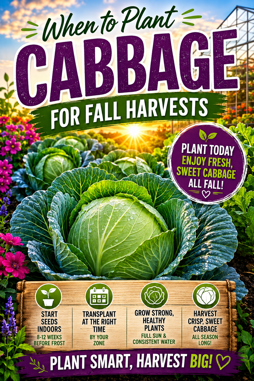 Large green cabbage growing in a garden with a USDA zone planting guide for fall harvests, showing the best time to plant cabbage for crisp, sweet heads.