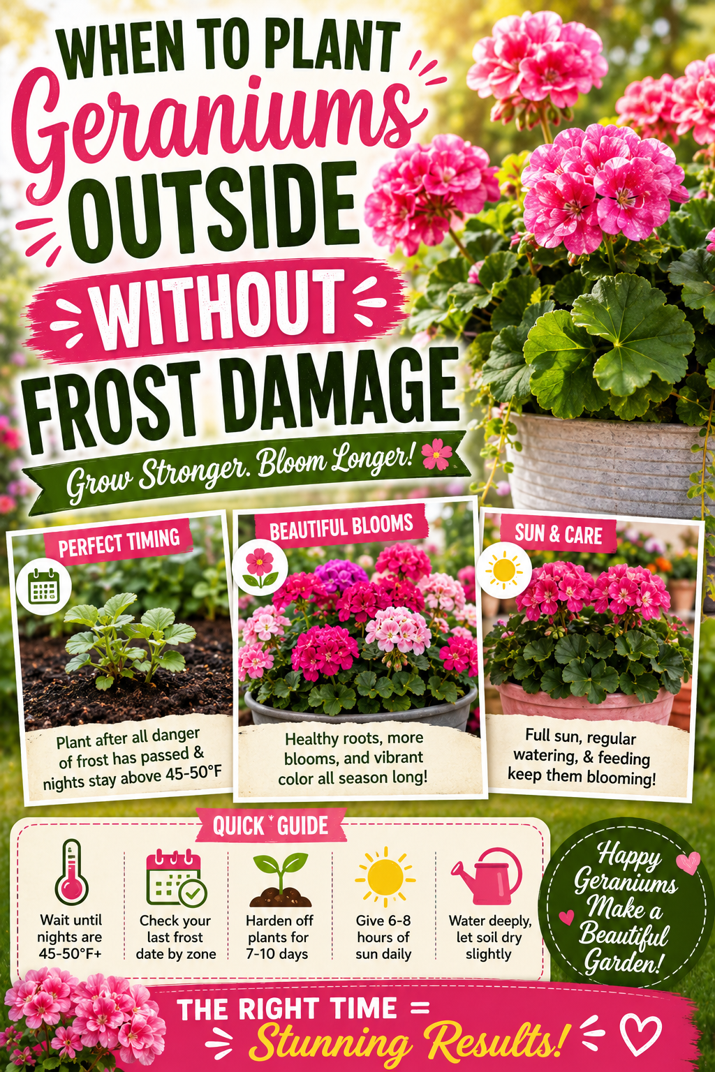 Pink geranium flowers growing in containers, illustrating the best time to plant geraniums outside after the last frost for healthier plants, stronger growth, and season-long blooms.