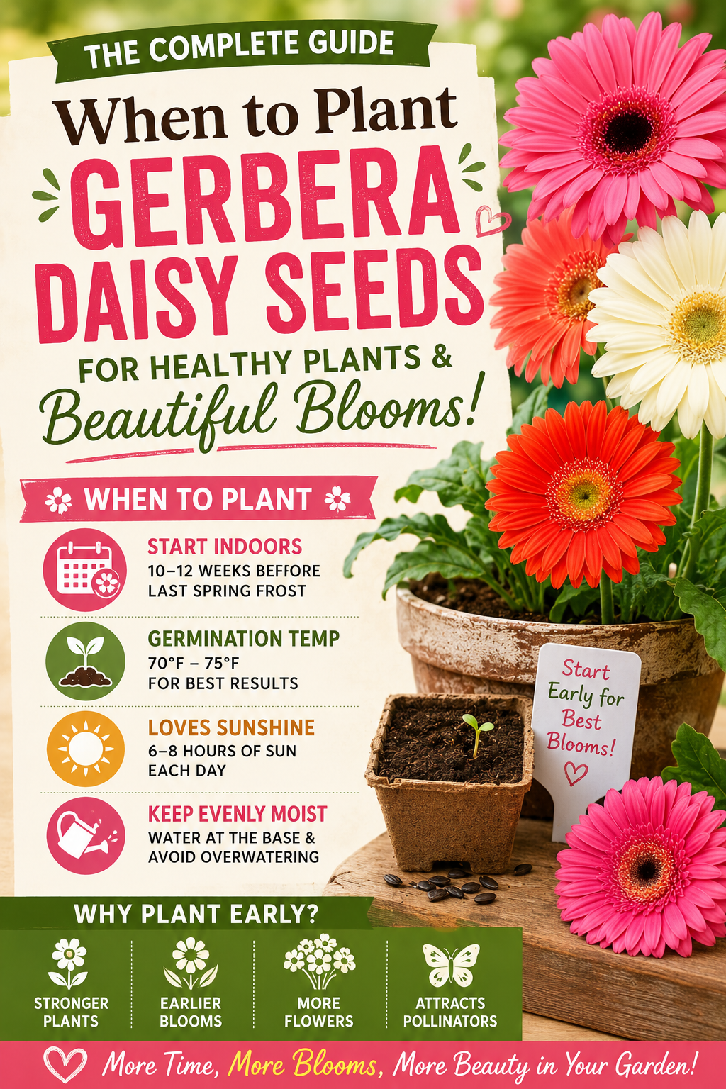 Colorful Gerbera daisies with a guide on when to plant Gerbera daisy seeds for healthy plants and beautiful blooms.