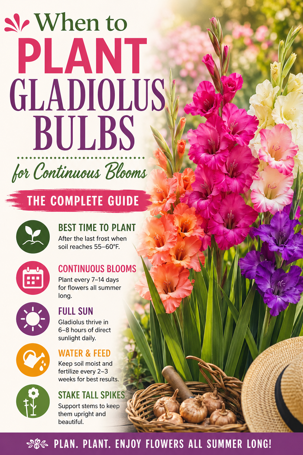 Colorful gladiolus flower spikes blooming in a sunny garden with bulbs ready for planting, showing the best time to plant gladiolus bulbs for continuous blooms all summer through succession planting.