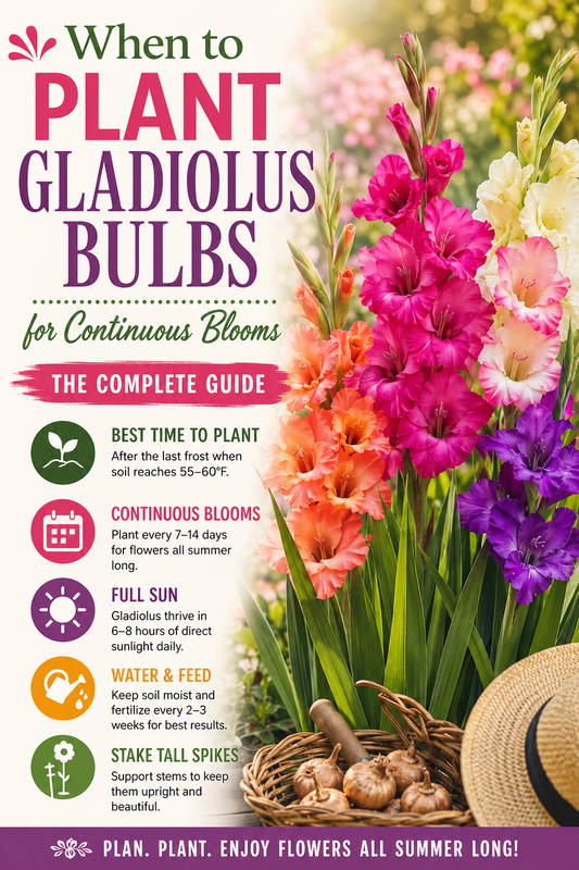 Colorful gladiolus flower spikes blooming in a sunny garden with bulbs ready for planting, showing the best time to plant gladiolus bulbs for continuous blooms all summer through succession planting.