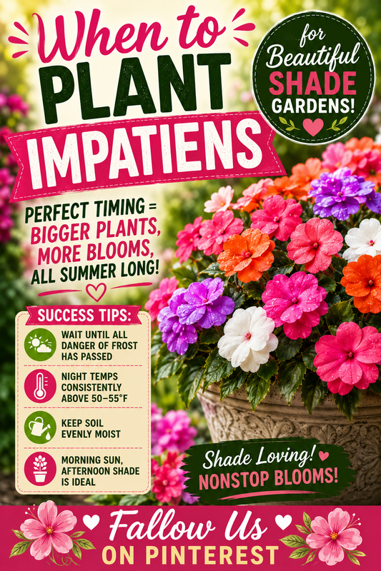 Colorful impatiens blooming in a shaded garden container, illustrating the best time to plant impatiens outdoors for healthy plants, nonstop blooms, and vibrant summer color in shade gardens.